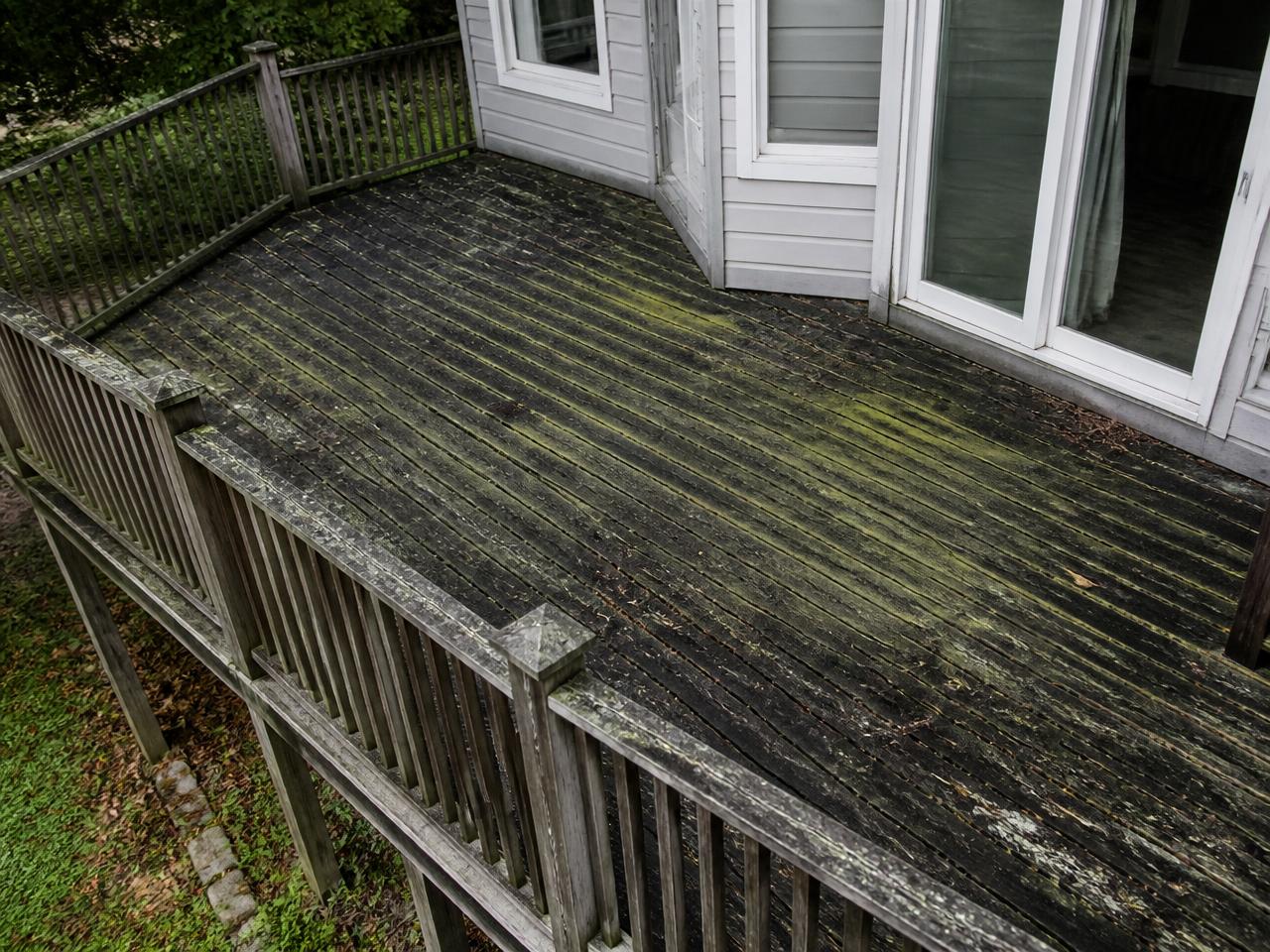 Terrasse en dalles envahie de mousse et de salissures avant nettoyage