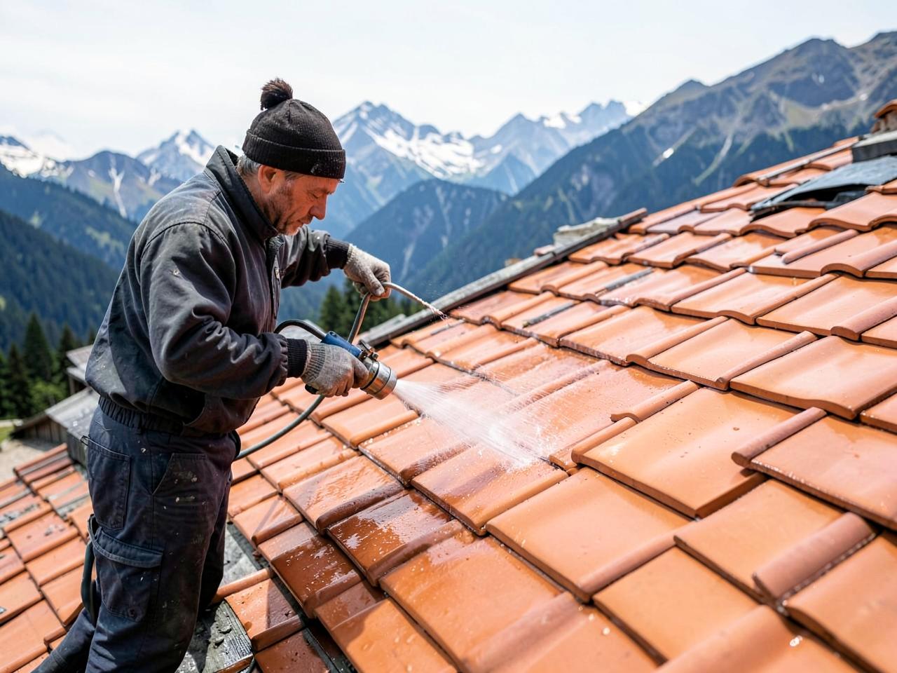 Application au pulvérisateur d'un hydrofuge sur une toiture propre
