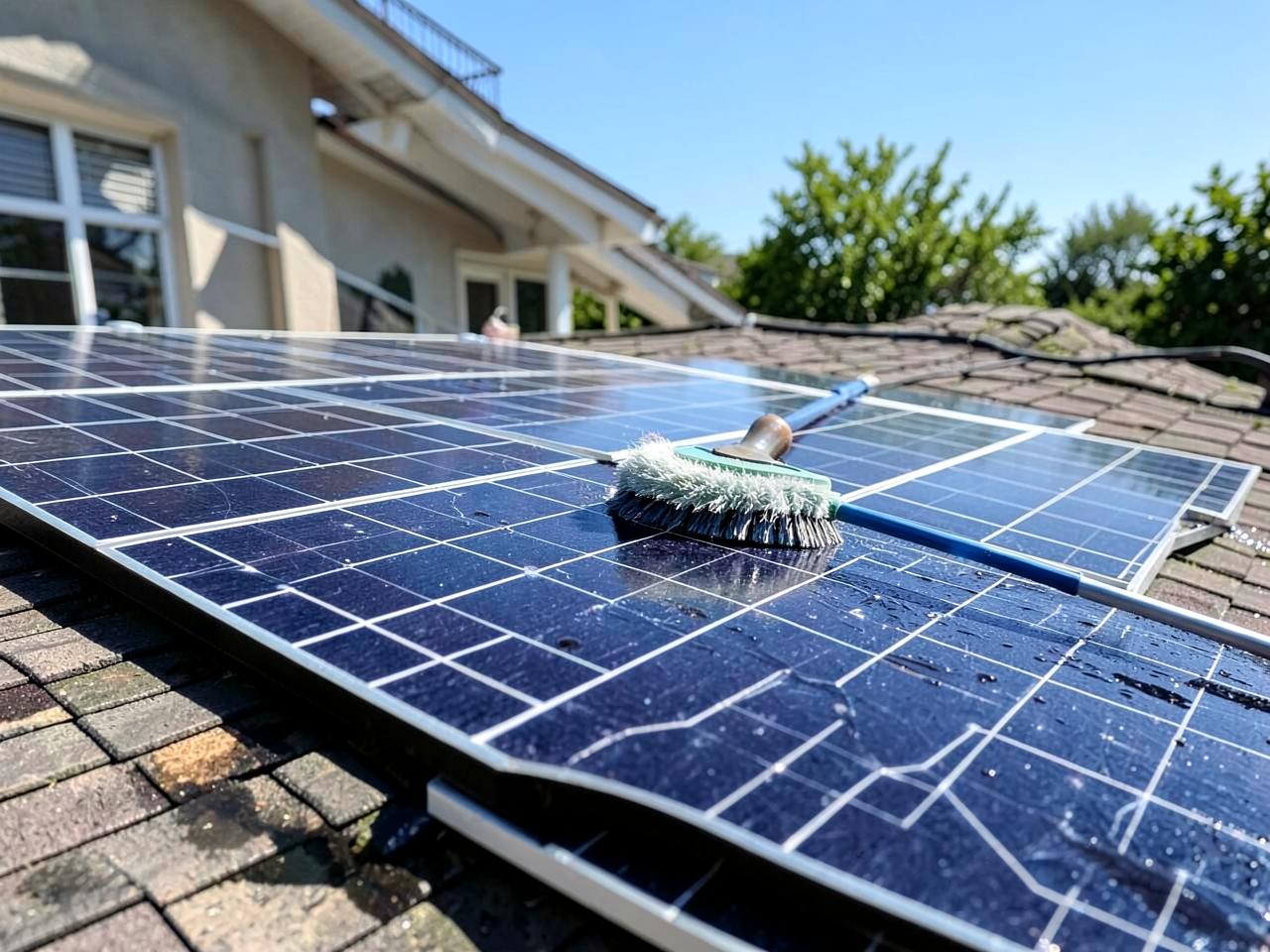 Brosse douce et eau sur des panneaux solaires en toiture